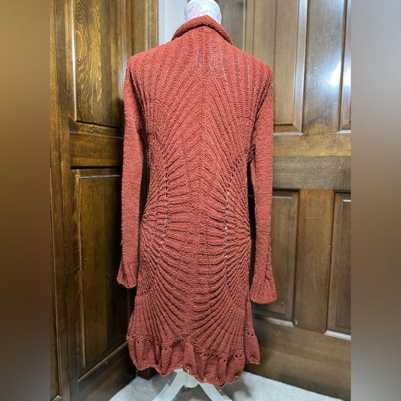 ROSIE NEIRA ANTHROPOLOGIE Rust Crochet Cotton Knit Open Longer Cardigan Duster M - Picture 5 of 14